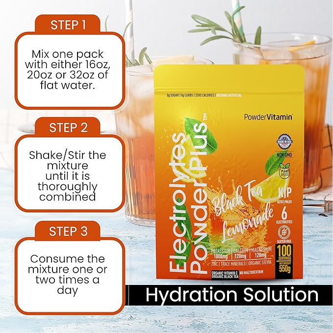 PowderVitamin Electrolytes Powder Plus (100 Servings) Black Tea Lemonade Electrolyte Powder Zero Calorie Keto,0 Sugar, No Maltodextrin,1000mg Potassium,120mg Calcium,120mg Magnesium, Hydration Powder