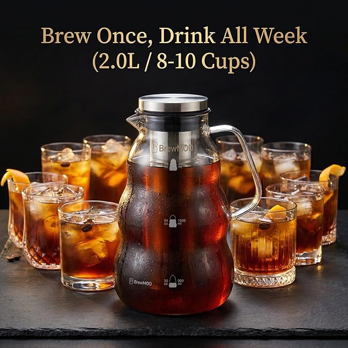 BrewMOO- Cold Brew Coffee Maker (2.0L/68Oz), Sleek Wave Borosilicate Glass Pitcher with Stainless Steel Filter, Airtight Lid + Wide Spout + Comfort Handle, Effortless Manual, Sophisticated Gift