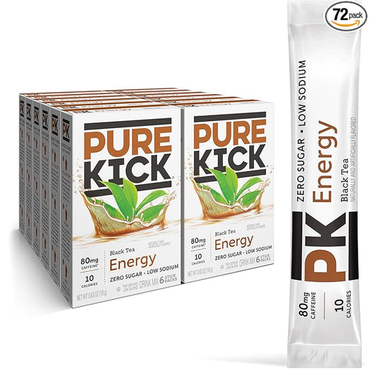 PURE KICK Energy Singles To Go Drink Mix, Black Tea, Includes 12 Boxes with 6 Packets in each Box, 72 Total Packets