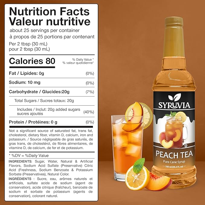 Syruvia Peach Tea Flavored Syrup for Drinks, Cocktails, Lemonades, Iced Teas and Desserts – 25.4 fl oz