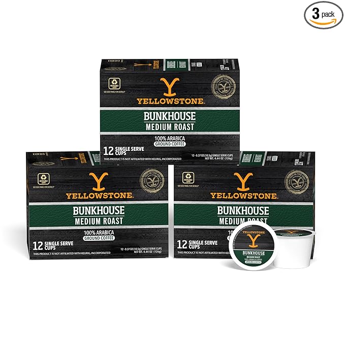 Yellowstone Bunkhouse Medium Roast Coffee, Single Serve Recyclable Pods/Cups, 100% Arabica Beans, 36 Count