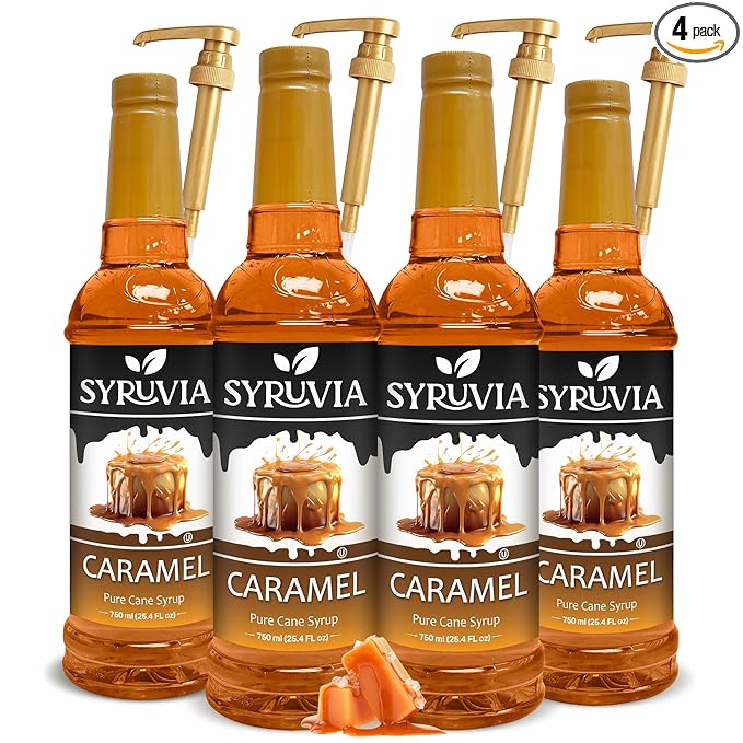 Syruvia Caramel Syrup - 25.4 fl oz. Premium Coffee Flavoring Syrup. Kosher, and Gluten-Free. Perfect for Enhancing Drinks, Sodas, Shakes, Desserts, and More With Pump (Pack of 4)