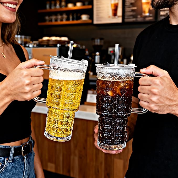 26oz Glass Cups with Lids and Straws,2 Pack Tumbler With Handle Mason Jar Wide Mouth Reusable Drinking Glasses with Lid and Straw Smoothie Tumbler Iced Coffee Beer Cup Travel Mug(Diamond)