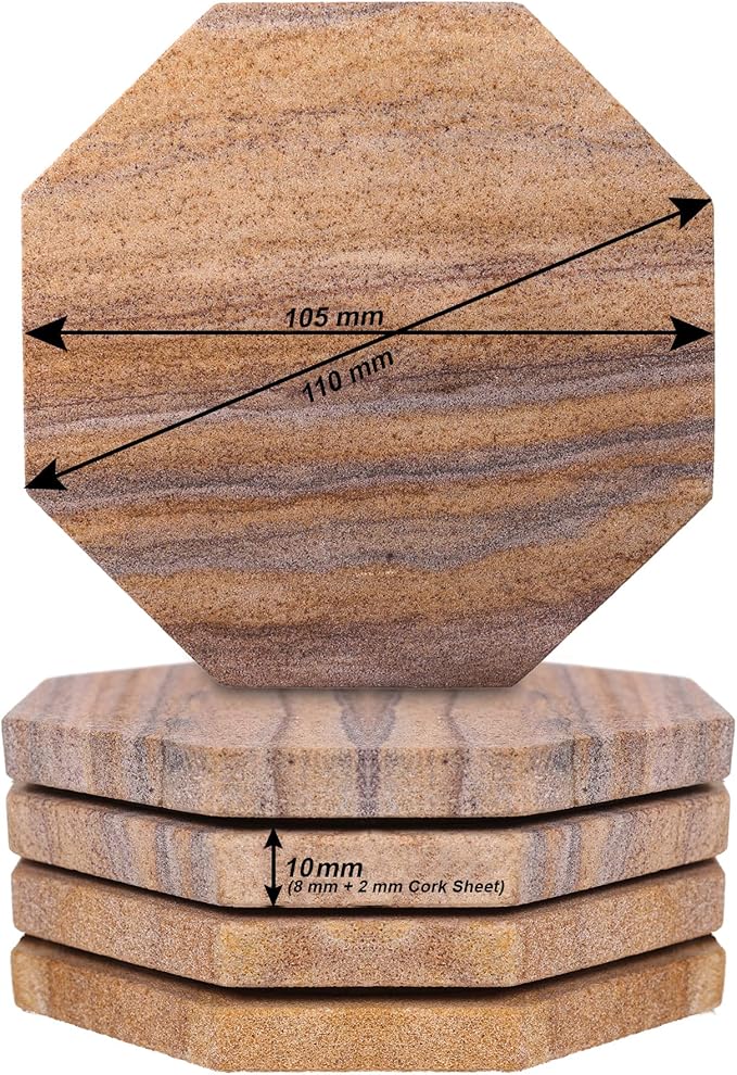 Sandstone Water Absorbent Hand Crafted Octagon Coasters with Holder for Drinks 4 Inches Wide Thirsty Stone Bar/Drink Coasters Made from Real Solid Stone (with Holder, Set of 4)
