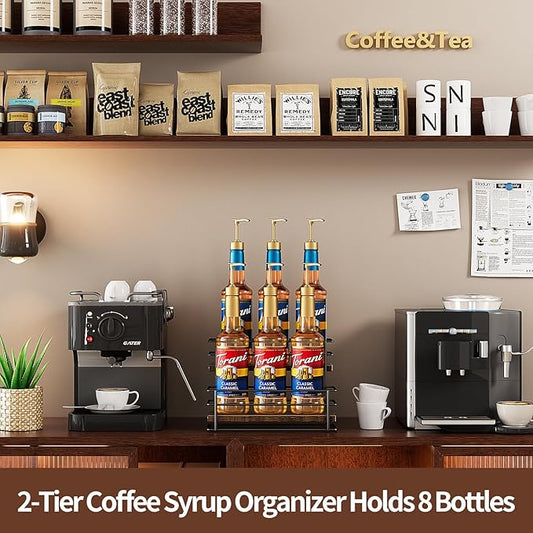Nuovoware Coffee Syrup Organizer, 2-Tier 6 Bottles Bar Organizer, Separable Metal Rack with Wooden Base Whiskey Wine Dressing for Countertop Kitchen Coffee Bar, Black