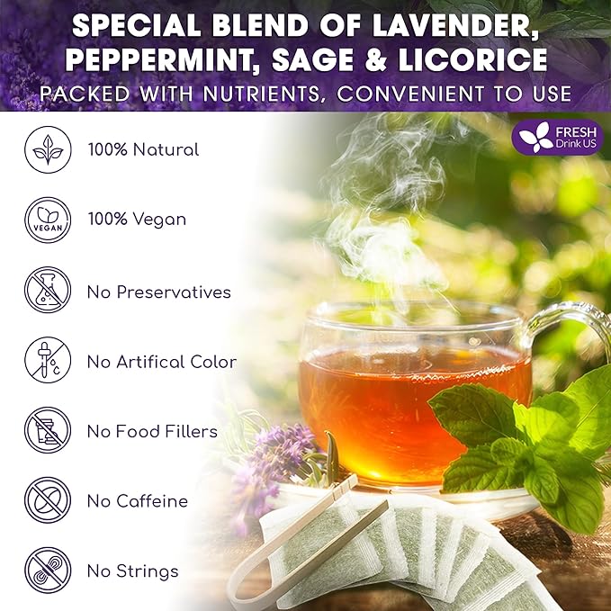 FreshDrinkUS, Premium 75 Tea Bags Lavender Mint Tea, 100% Natural, Blend of Lavender, Peppermint, Sage and Licorice. Made with Natural Material Tea Bags. No Sugar, No Caffeine, Vegan.