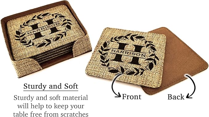 Smile Art Design Family Monogram PERSONALIZED COASTER Set of 6 with base Square Burlap Material Family Name Personalized Print Personalized Gifts House warming Wedding Gift Rustic Kitchen Decor Style3