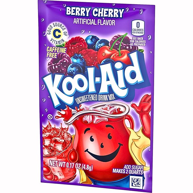 Kool-Aid Unsweetened Drink Mix, Berry Cherry, Caffeine-free, Individually Wrapped, 0.17 OZ, Pack of 48