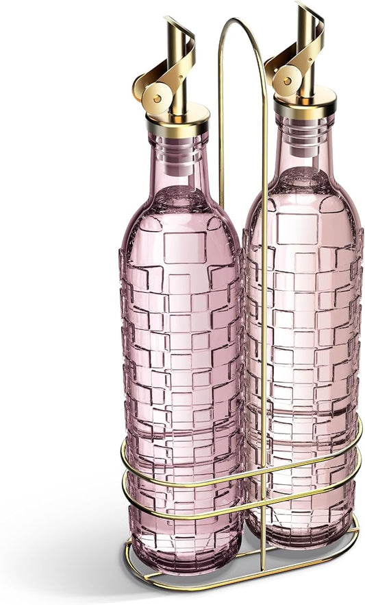 COOK WITH COLOR Glass Olive Oil Bottle Dispenser - 2 Pack- 17oz Oil and Vinegar Cruet - Olive Oil Carafe Decanter for Kitchen, Checkered, Pink