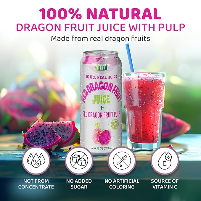 VINUT 100% Red Dragon Fruit Juice with Pulp (Pitaya), No Added Sugar, Not From Concentrate, 16.57 fl oz (490 mL) Can, Pack of 6