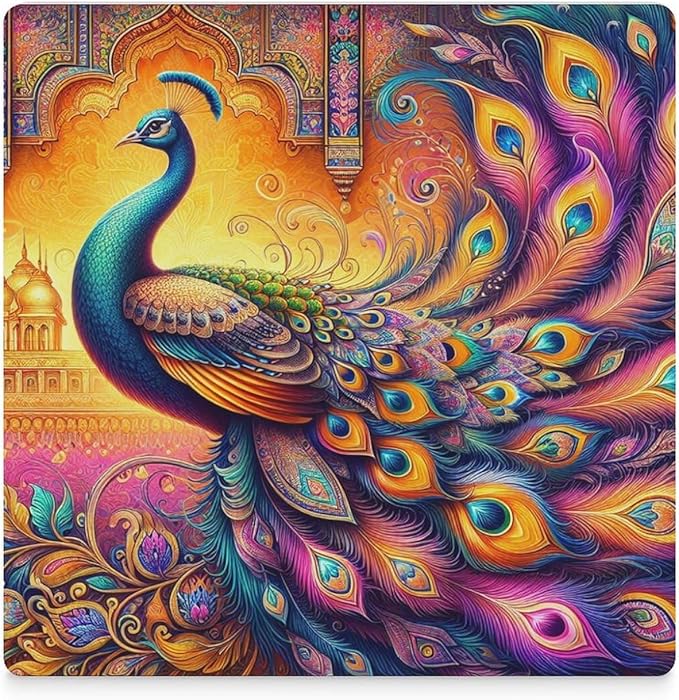 Peacock Drink Coasters, Square Ceramic Drink Coaster Square-4PCS, Boho Art Beautiful Colorful Floral Peacock Pattren Decor Absorbent Ceramic Coasters for Beverage Cup, Bar, Coffee Table