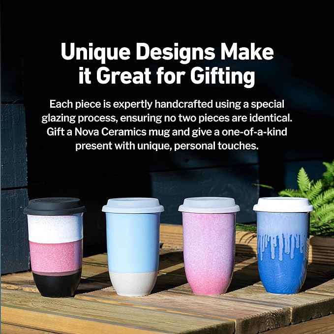 NOVA CERAMICS Travel Mug - Ceramic Coffee Mug With Lid – Microwave & Dishwasher Safe Coffee White & Grey Tumbler - Fits In Cup Holder – 12oz – Coastal Drift