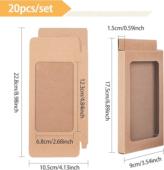BENECREAT 20 Pack Kraft Paper Boxes with Clear Window 7x3.5x0.6 Brown Gift Packaging Boxes for Bakery Cookies Cake Candy Wedding Party Favors