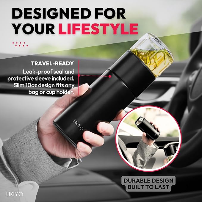 Ukiyo Steel Premium Stainless Steel and Glass Tea & Fruit Infuser Bottle - Travel Tumbler with Stainless Steel Filter