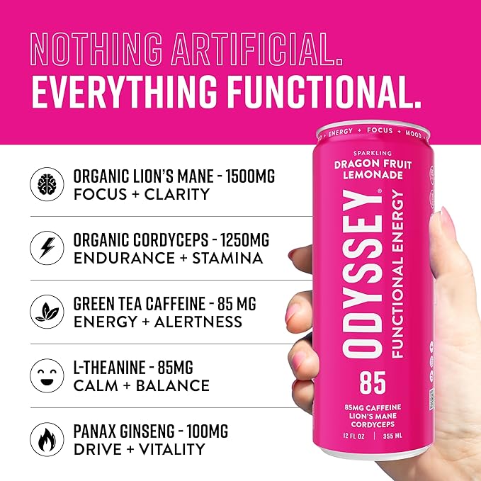 Odyssey Functional Energy Drink for Focus, Cognition & Mood Support 12 Pack - Adaptogenic Drink with 85mg Green Tea Caffeine, Lion’s Mane, Cordyceps, L-Theanine & Ginseng, Dragon Fruit Lemonade