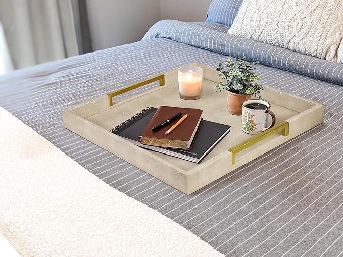 HofferRuffer Faux Leather Serving Tray with Gold Metal Handles, Stylish Decorative Tray Organizer for Coffee Table, Ottoman, Home Decor and Serving (LightGrey Shagreen, 18.9" x 18.9" x 2")
