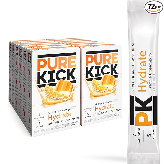 Pure Kick Hydration Singles To Go Drink Mix, Orange Creampop, Includes 12 Boxes with 6 Packets in each Box, 72 Total Packets