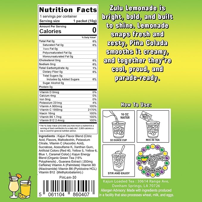 Kajun Loaded Tea – Zulu Lemonade | Pina Colada & Lemonade Flavor | Sugar Free Energy Tea Powder | 250mg Green Tea Caffeine | Zero Calories | Keto Friendly