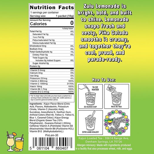 Kajun Loaded Tea – Zulu Lemonade | Pina Colada & Lemonade Flavor | Sugar Free Energy Tea Powder | 250mg Green Tea Caffeine | Zero Calories | Keto Friendly