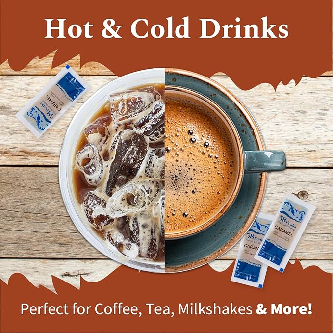 58Peaks Caramel Flavored Syrup Sweetener Packets for Hot and Cold Drinks | To-Go Syrup Flavoring Perfect for Coffee, Tea, Milkshake and More | Flavored Coffee Syrups for Travel | 15mL | 20-Pack