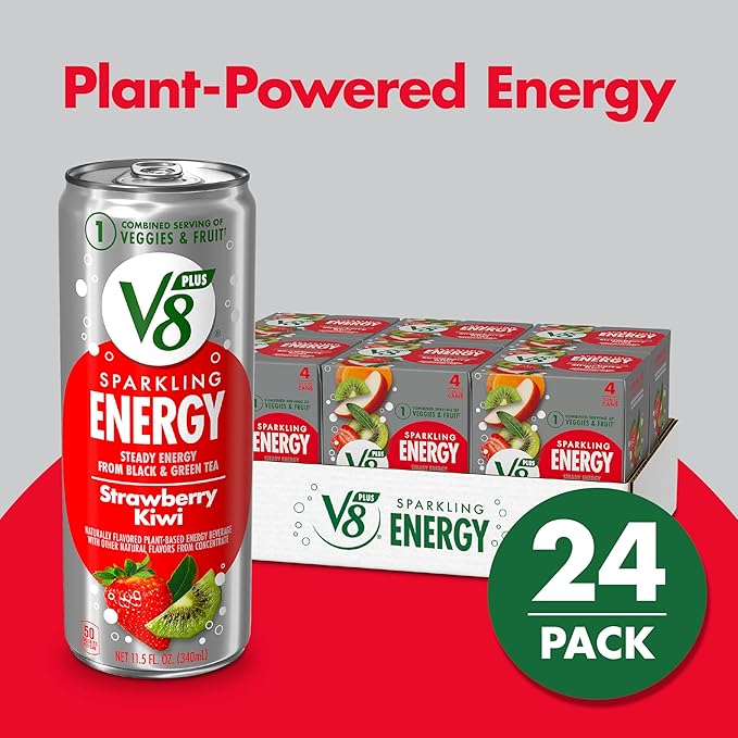 V8 +ENERGY Strawberry Kiwi Energy Drink, Made with Real Vegetable and Fruit Juices, 11.5 FL OZ Can (6 Packs of 4)