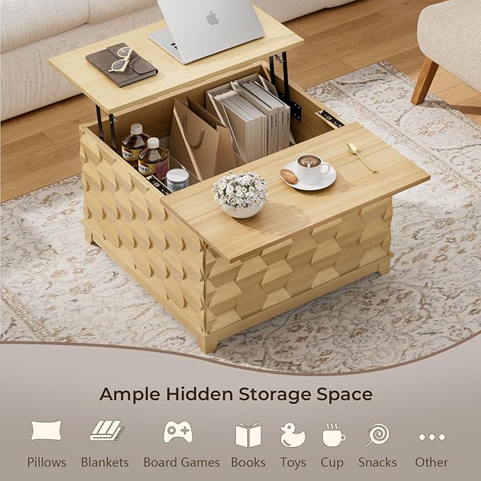 Lift Top Coffee Table, 31.5'' Square Coffee Table with with Storage, Farmhouse Coffee Tables with Hidden Storage, Center Table with Embossed Texture for Living Room, Home Office, Natural