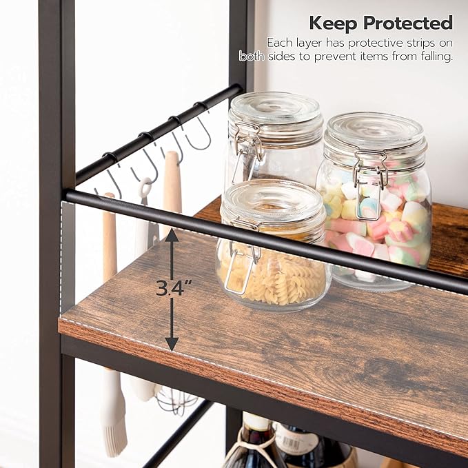HOOBRO Kitchen Island with Storage, Industrial Kitchen Counter with Hooks and Side Enclosures, 3 Tier Kitchen Cart with Large Workstation, Saving Space, Easy Assembly, Rustic Brown and Black BF03ZD01