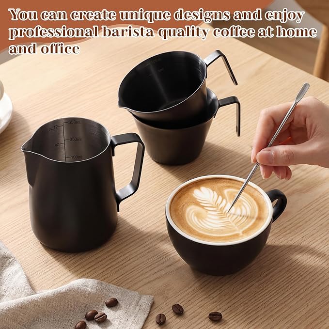 4 Pcs Espresso Accessories Kit with Espresso Cups with Handle, Milk Frothing Pitcher and Latte Art Pen Stainless Steel Cappuccino Machine Accessories for Coffee Bar(Black,100ml, 350ml)