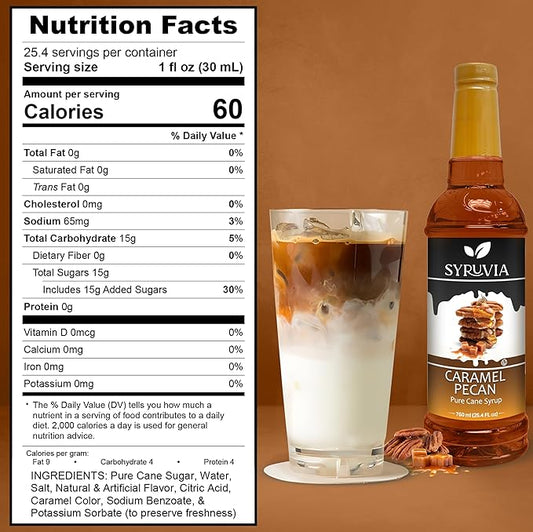 Syruvia Coffee Syrup, Caramel Pecan Flavored Syrup for Drinks, Lattes, and Desserts – 25.4 fl oz, With Pump
