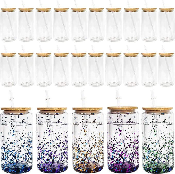 Sublimation Snow Globe Glass Can Blanks, 25Pack 16oz Sublimation Double Wall Glass Tumbler with Bamboo Lids and Straws, Reusable Clear Beer Can Mason Jar Mug for Snow Globe Glitter DIY
