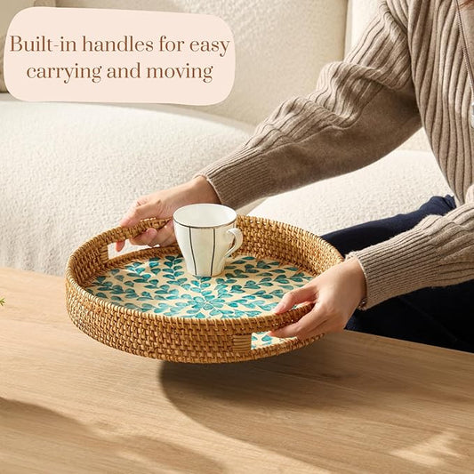 YANGQIHOME Round Rattan Tray with Handle, Mother of Pearl Inlay Decorative Wicker Basket for Coffee, Bread, Fruits, Serving Tray for Home Decor, Blue Clover