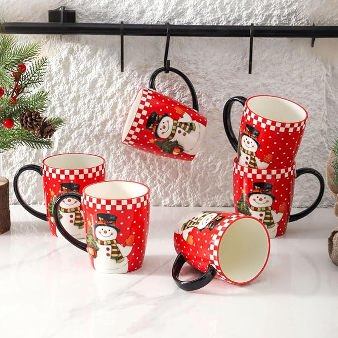 HASENSE Christmas Coffee Mugs Set of 6, 16oz Ceramic Coffee Cups with Handle–Suitable for Tea,Soup,Latte,Hot Cocoa & Milk,Large Latte Cups for Holiday Gift,Dishwasher and Microwave Safe,Red