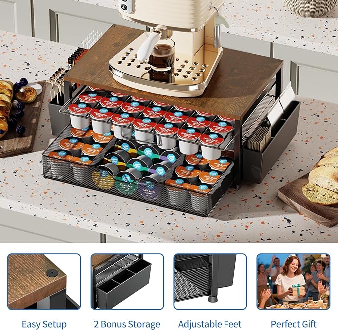 K Cup Holder Organizer, 2-Tier Coffee Pod Holder for 63 Large/80 Small Capsules with Storage Drawer & 2 Accessory Holders, Kcup Organizer for Countertop Coffee Station in Kitchen, Office, Coffee Bar