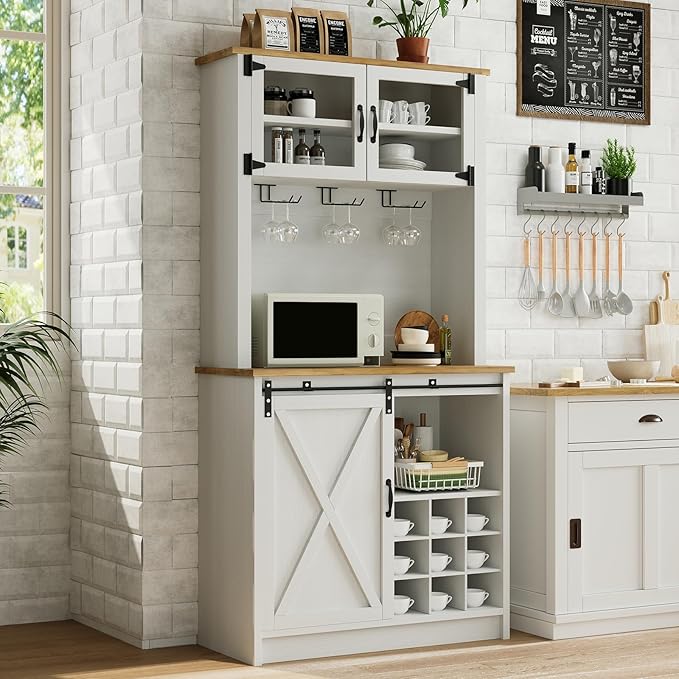 4ever2buy 72" Farmhouse Coffee Bar Cabinet with Sliding Barn Door, White Coffee Bar with Storage, Large Kitchen Buffet Cabinet with Wine Rack, Tall Bar Cabinet Table Living Dining Room