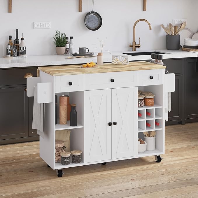Kitchen Island with Storage, Rolling Kitchen Islands Cart with Solid Wood Countertop, Mobile Drop Leaf Kitchen Prep Table on Wheels with Wine Rack and Drawers