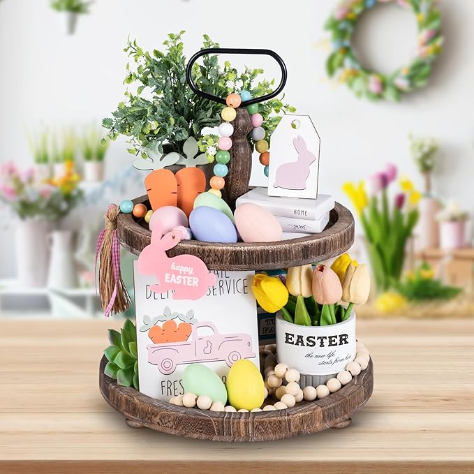 Mustry Rustic Wooden 2 Tiered Tray, Round Farmhouse Kitchen Table Decor Serving Tier Tray, Food Fruits Cupcake Display Coffee Bar Home Party Seasonal Decorations (Brown)