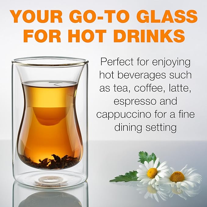 Eparé 6 oz Turkish Tea Cups Set of 2 – Heat Resistant Double Wall Turkish Tea Glass – Lightweight and Insulated Borosilicate Glasses