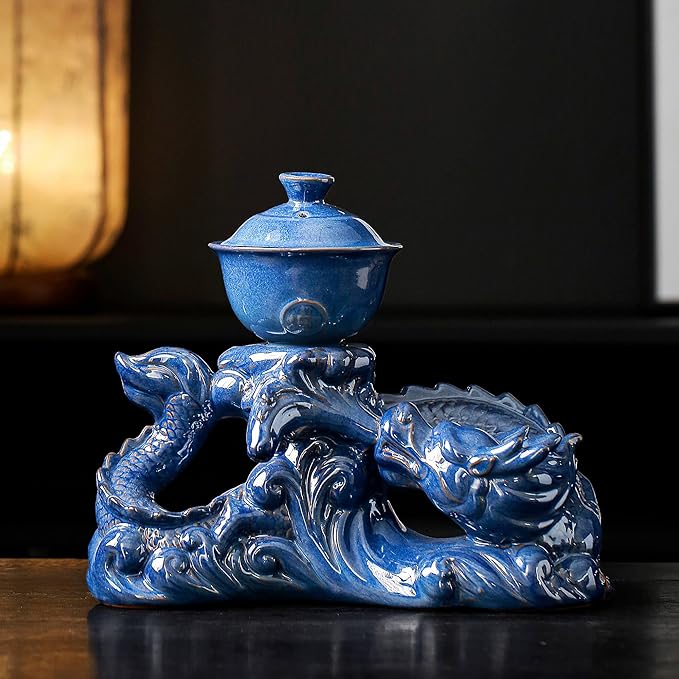 Semi Automatic Tea Set Ceramic Teapot with Infuser Magic Teapot with 8 cups (Blue Dragon- D)