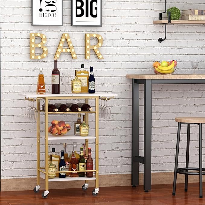 LAATOOREE Bar Cart, Home Bar Serving Cart, 4 Tier Mobile Drink Beverage Cart, Rolling Kitchen Shelf with Wine and Glass Holder, for Dinning Room, Living Room, Kitchen