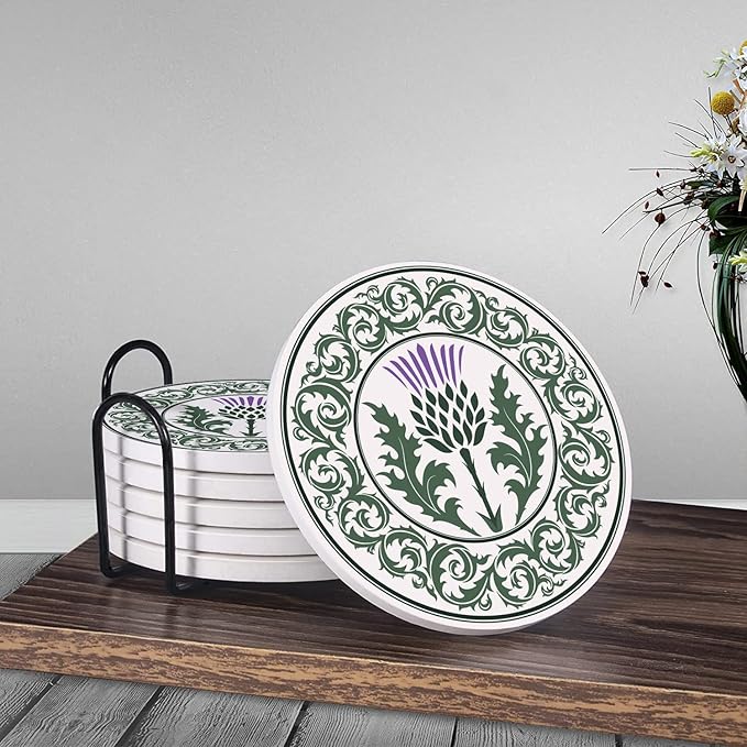 HUXJOKO Coasters for Drinks Set of 6,Thistle Flower Scottish Absorbent Ceramic Coaster,Round Stone Mat,with Cork Base and Metal Holder for Coffee Table Room Bar Home Decor Housewarming Gifts