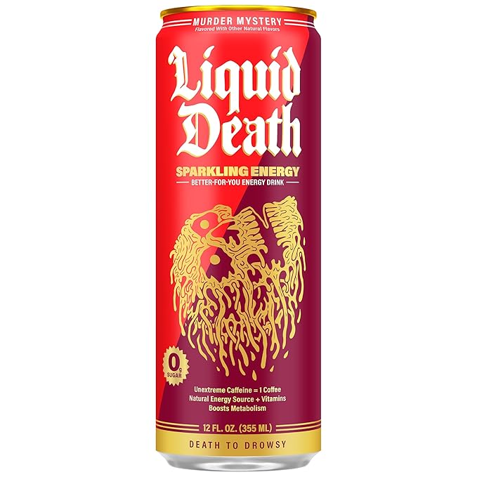 Liquid Death Sparkling Energy - Murder Mystery (Cherry, Cream, Spice), Sugar-Free Energy Drink, Unextreme Caffeine 100mg, Essential Vitamins, 12 Fl Oz (Pack of 12)