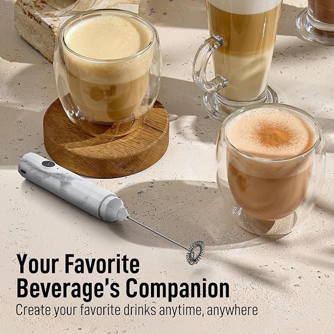 Zulay Froth N Go Milk Frother – Rechargeable 3-in-1 Handheld Frother Wand with Travel Case & USB-C Charger – Single, Double & Egg Whisk for Latte, Cappuccino, Matcha, Protein Shakes – White Marble