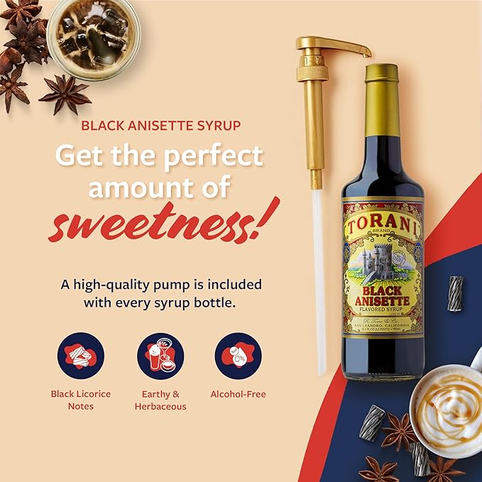 Torani Black Anisette Syrup, 100th Anniversary Flavor for Drinks, Glass Bottle with Pump Included, 25.4 Fl Oz
