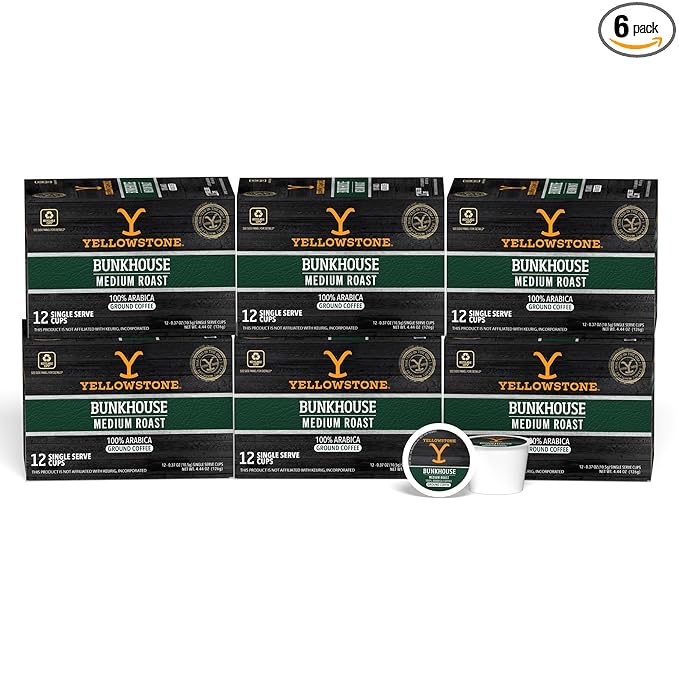 Yellowstone Bunkhouse Medium Roast Coffee, Single Serve Recyclable Pods/Cups, 100% Arabica Beans, 72 Count
