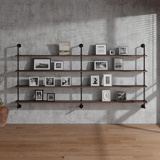 Industrial Pipe Wall Shelves Pipe Shelving with Real Wood Plank ,60 Inches Floating Shelves for Wall Farmhouse Pipe Book Shelves Dark Brown 4 Tier for Kitchen,Living Room Decor and Bar Shelving
