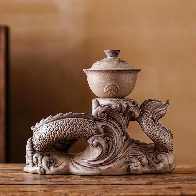 Semi Automatic Tea Set Ceramic Teapot with Infuser Magic Teapot with 8 cups (Retro Dragon-D)