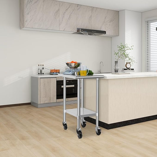 HARDURA Stainless Steel Commercial Table Prep & Work Table with Casters Heavy Duty Metal Table with Wheels NSF 430 24×24 Inches