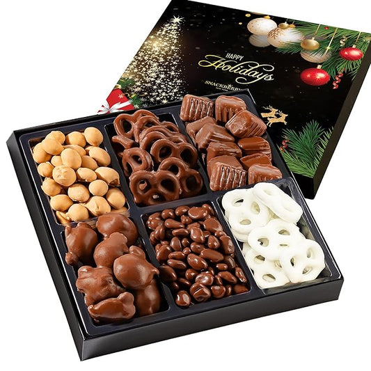Christmas Premium Chocolate Gift Box – Gourmet Assortment with Chocolate Pretzels, Maple Nuts, Yogurt Pretzels & Milk Chocolate Caramels – Perfect for Holidays, Birthdays