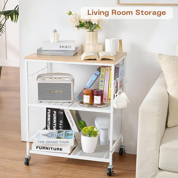 Rolling Kitchen Microwave Cart, 3 Tier Microwave Stand with Storage, Small Kitchen Island on Wheels, Wood and Mental Kitchen Shelf Rack, White Organizer for Living Room, Office, Balcony