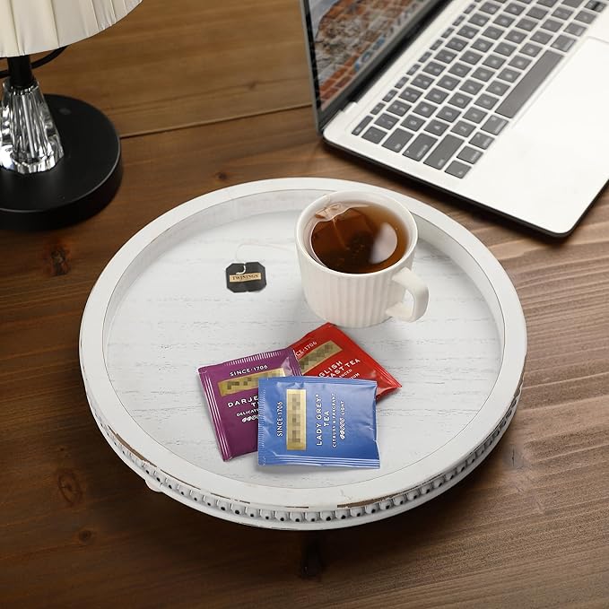 Bamboo Land- Round Decorative Trays for Coffee Table, 12", White, Wood Tripod & Beaded Design, Wooden Round Tray for Coffee Table